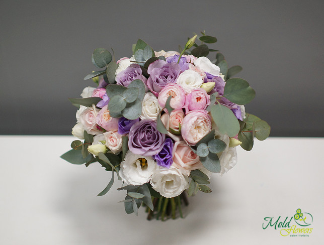 Bridal Bouquet of Cream and Purple Roses, Peony Roses, and Lisianthus photo